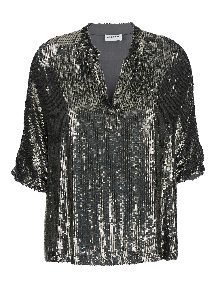 Metallic Sequin Blouse with V Neck in Tech Fabric Woman