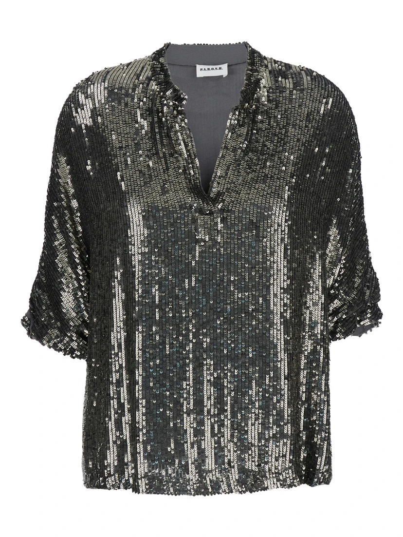 Metallic Sequin Blouse with V Neck in Tech Fabric Woman
