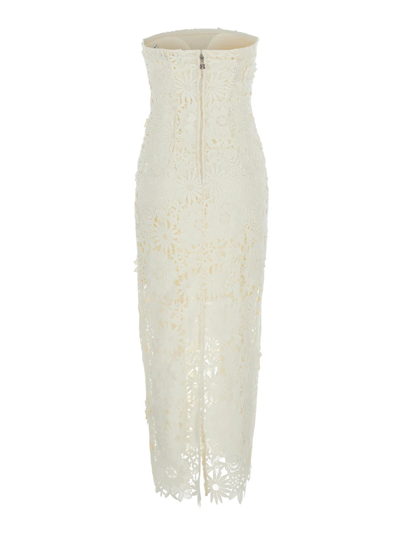 White Long Dress with Back Slit and Lace Details in Tech Fabric Woman