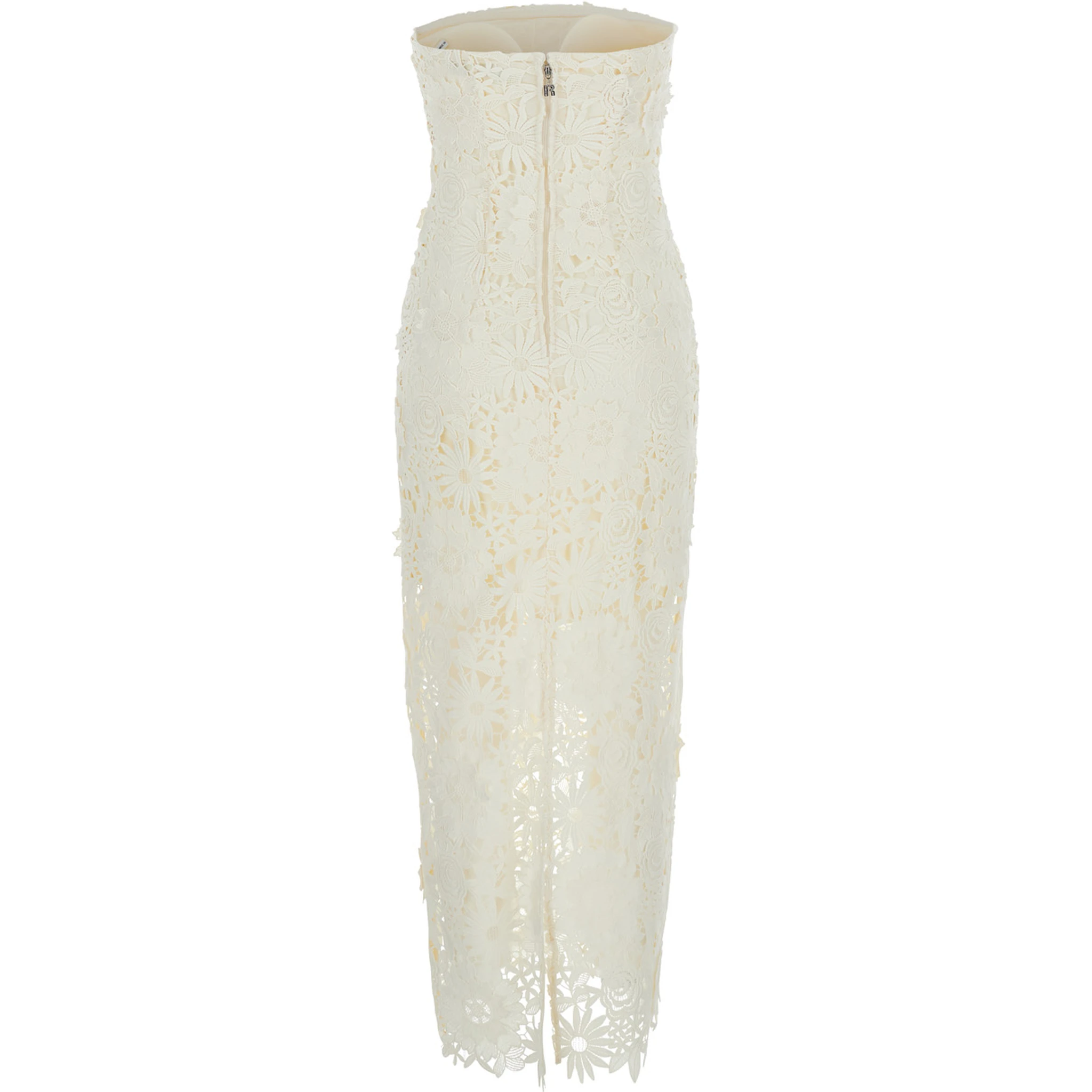 White Long Dress with Back Slit and Lace Details in Tech Fabric Woman