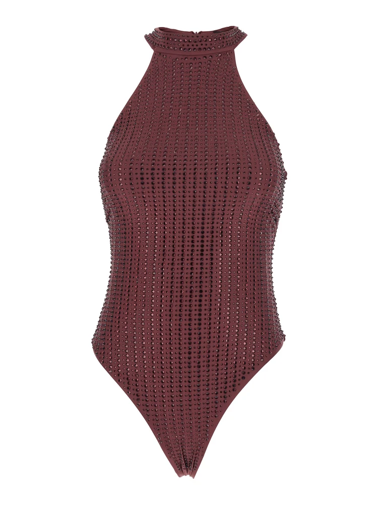 Bordeaux One-Piece with High Neck and All-Over Crystal Embellishments in Tech Fabric Stretch Woman