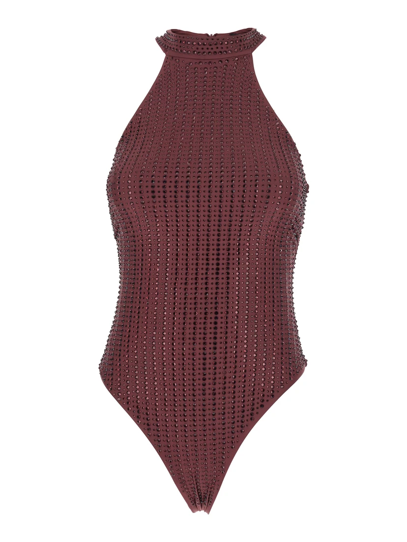 Bordeaux One-Piece with High Neck and All-Over Crystal Embellishments in Tech Fabric Stretch Woman