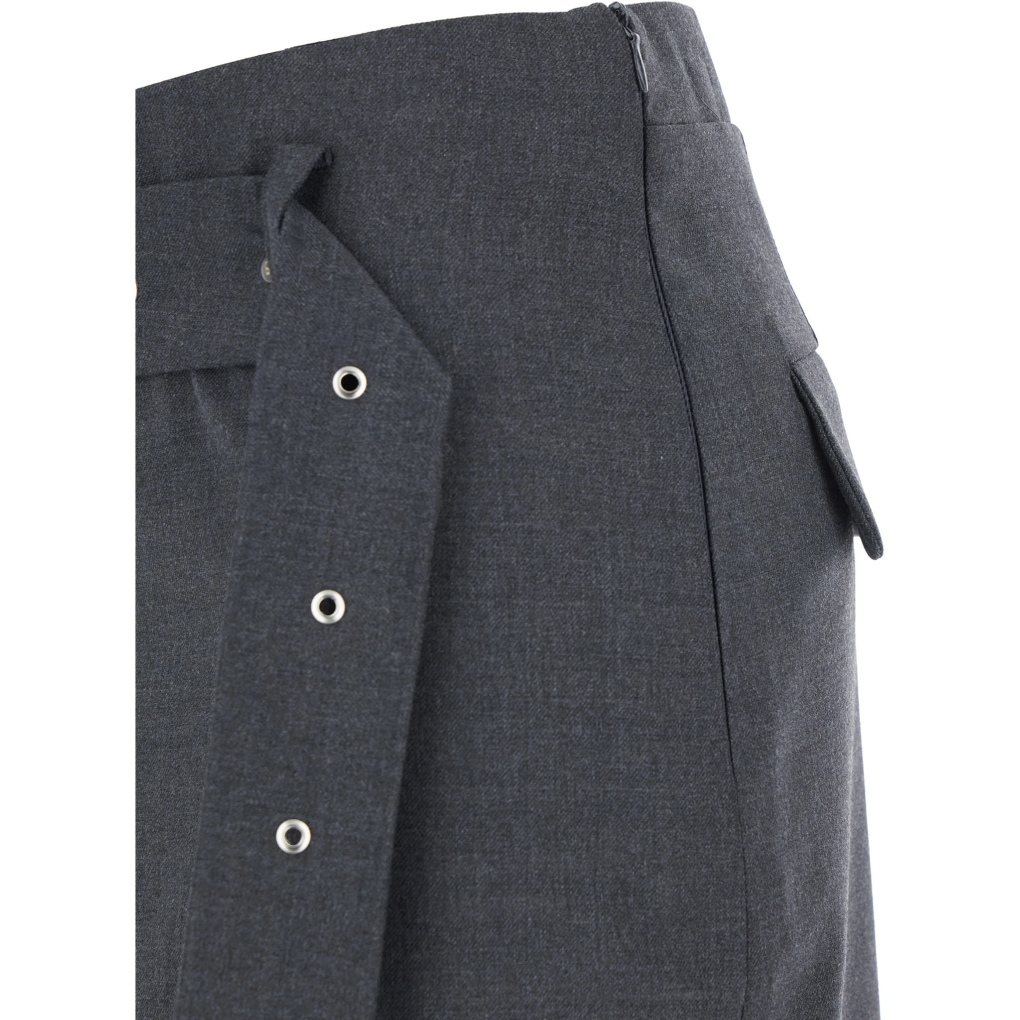 Grey Skirt with Waist Belt in Fabric Woman