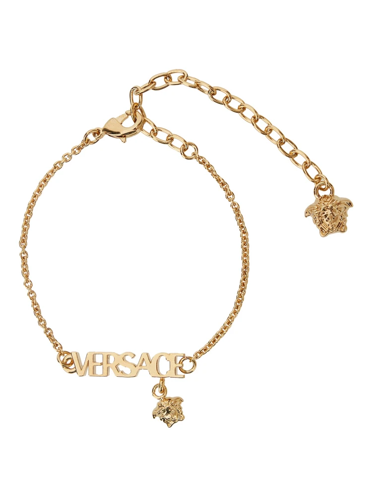 Metallic Bracelet with Medusa Charm and Logo Lettering Plaque in Metal Man