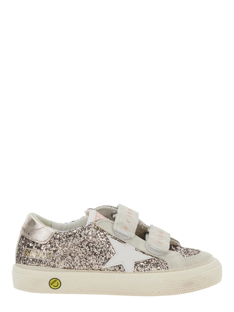 May School Grey Glittered Low Top Sneakers with Star Patch on the Side in Leather Blend Girl