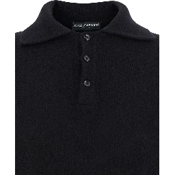 Black Sweater with Polo Collar and Back Logo Patch in Wool Man
