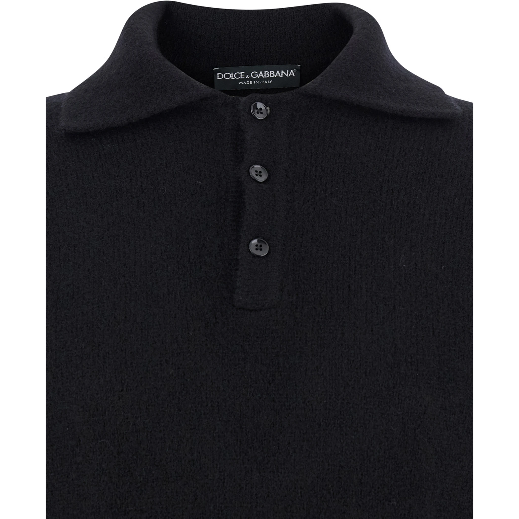 Black Sweater with Polo Collar and Back Logo Patch in Wool Man