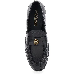 Black Loafers with Metallic Logo on the Front in Crumpled Leather Woman