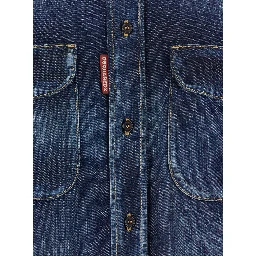 Blue Shirt with Pointed Collar and Elbow Patches in Denim Man