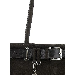 Brown Shoulder Bag with Belt Detail and Pendant Keys in Suede Woman