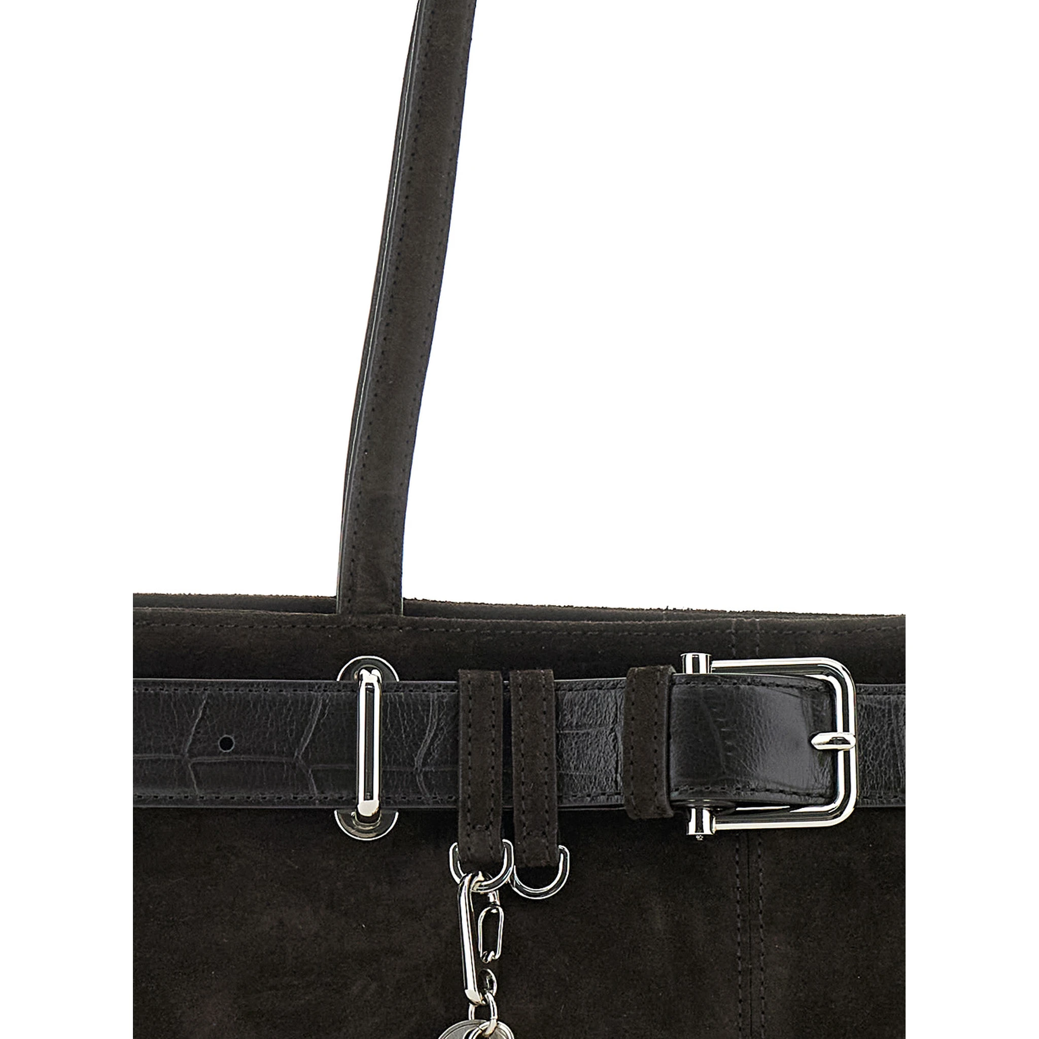 Brown Shoulder Bag with Belt Detail and Pendant Keys in Suede Woman