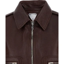 Brown Shearling Coat with Removable Fur Collar and Front Zip Closure in Leather Woman