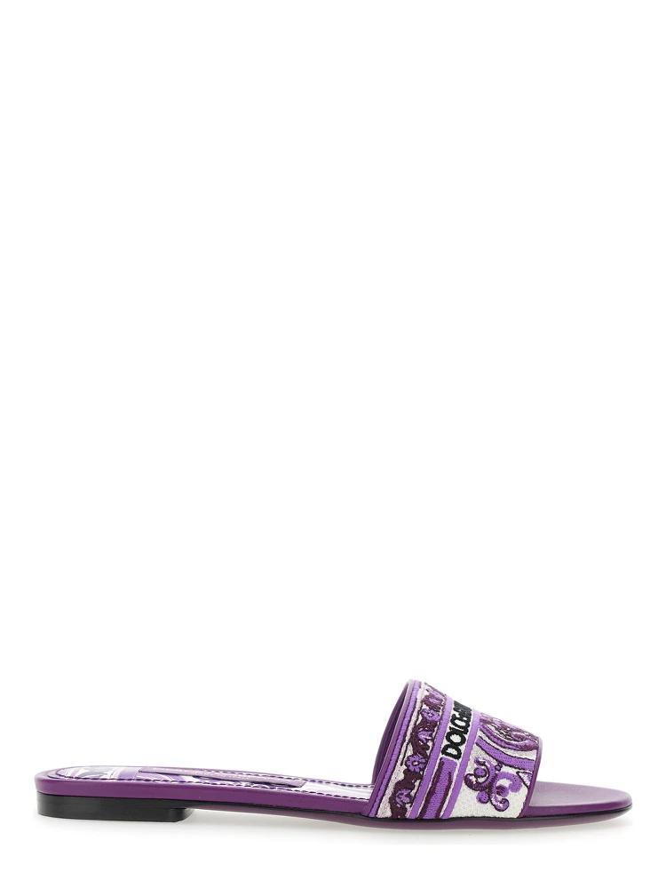 Violet Sandals with Logo Embroidery on the Front and All-Over Majolica Motif in Cotton Blend Woman