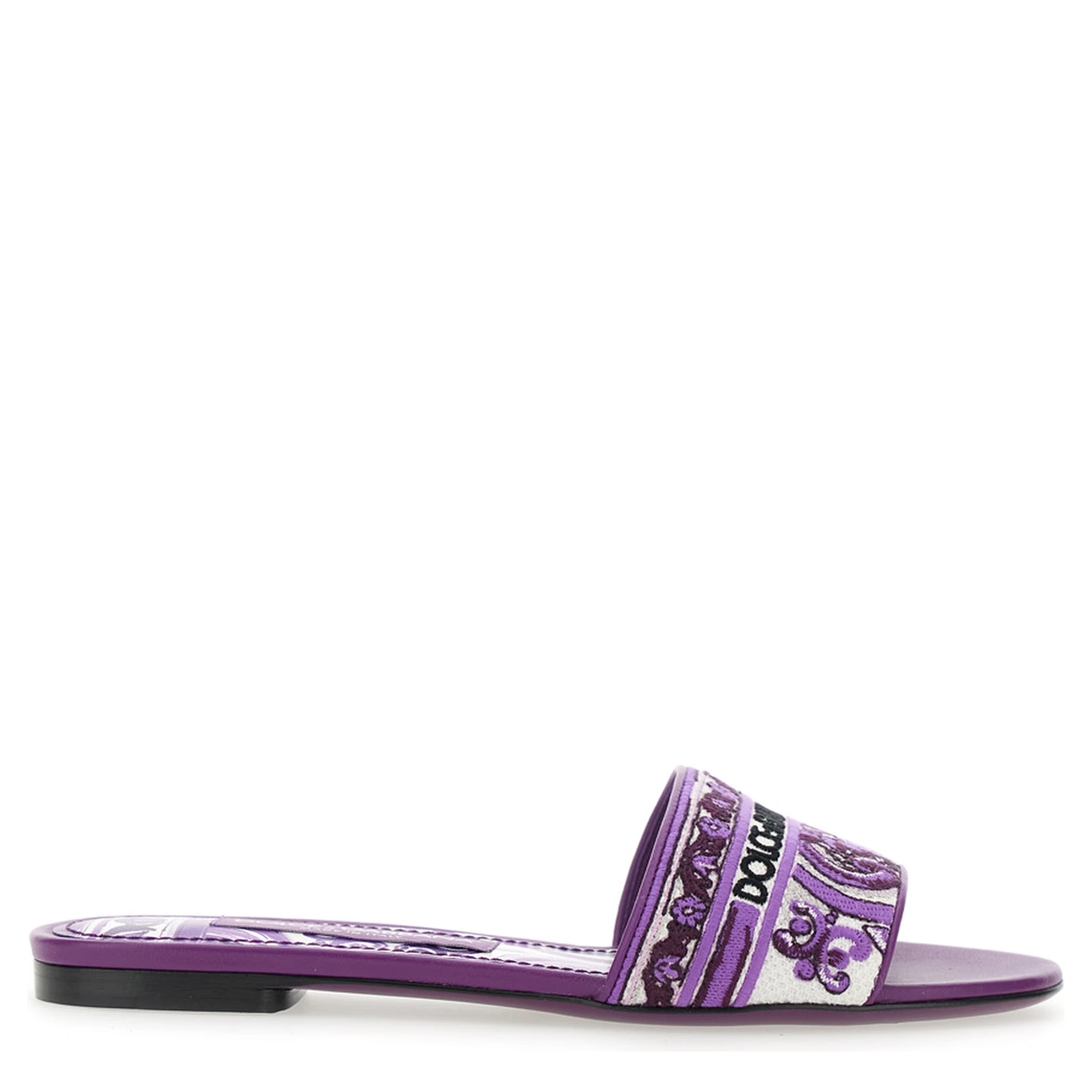 Violet Sandals with Logo Embroidery on the Front and All-Over Majolica Motif in Cotton Blend Woman