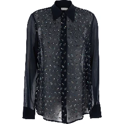 Blue Shirt with Pointed Collar and All-Over Crystal Application in Viscose Woman