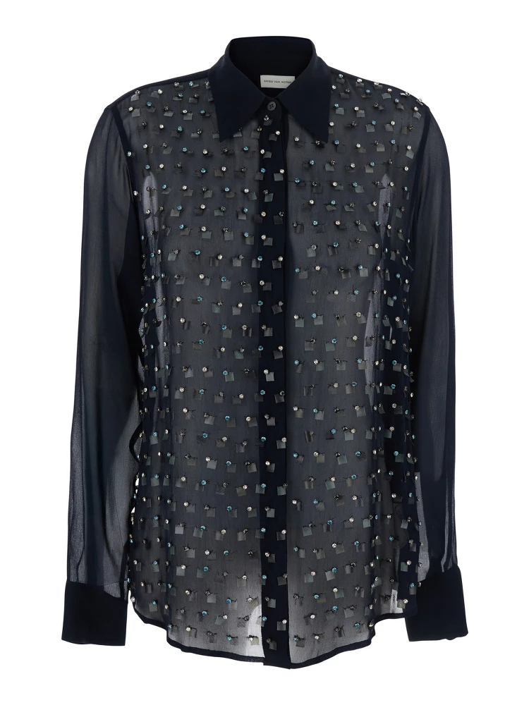 Blue Shirt with Pointed Collar and All-Over Crystal Application in Viscose Woman