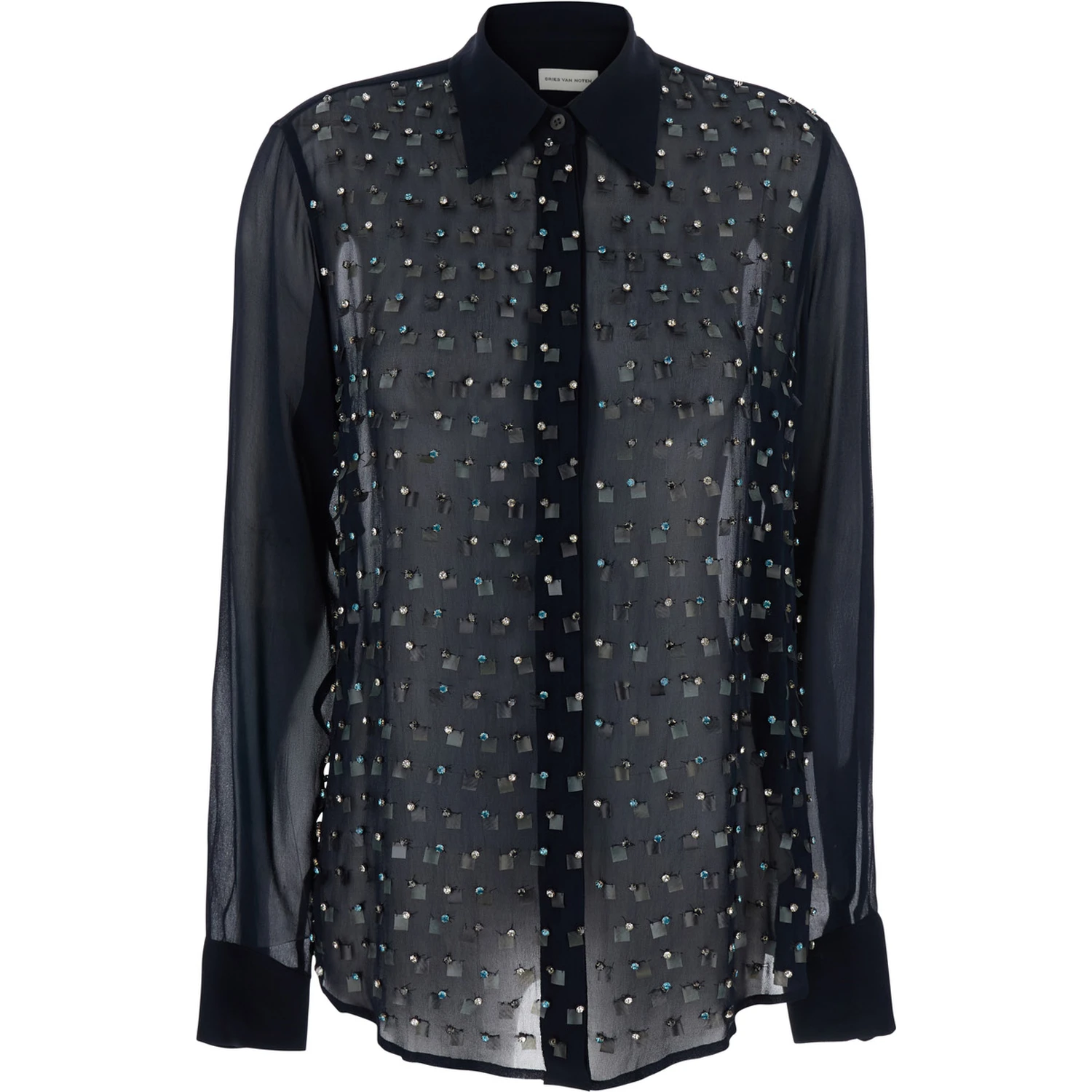 Blue Shirt with Pointed Collar and All-Over Crystal Application in Viscose Woman