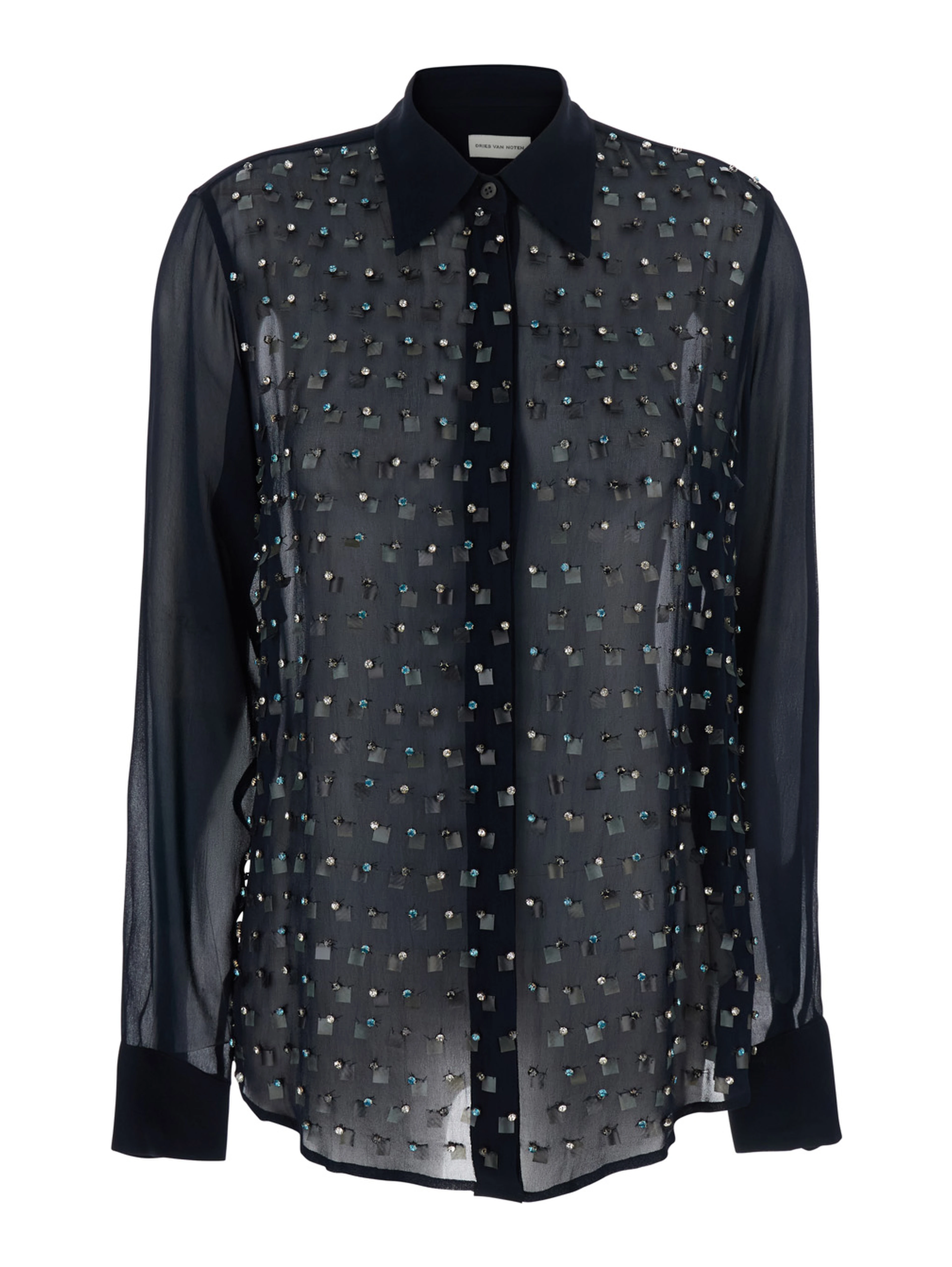 Blue Shirt with Pointed Collar and All-Over Crystal Application in Viscose Woman