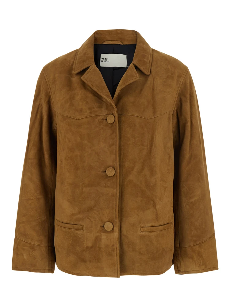 Beige Jacket with Notched Revers in Suede Woman