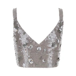 Grey Sleeveless Crop Top with Straps in Sequined Fabric Woman