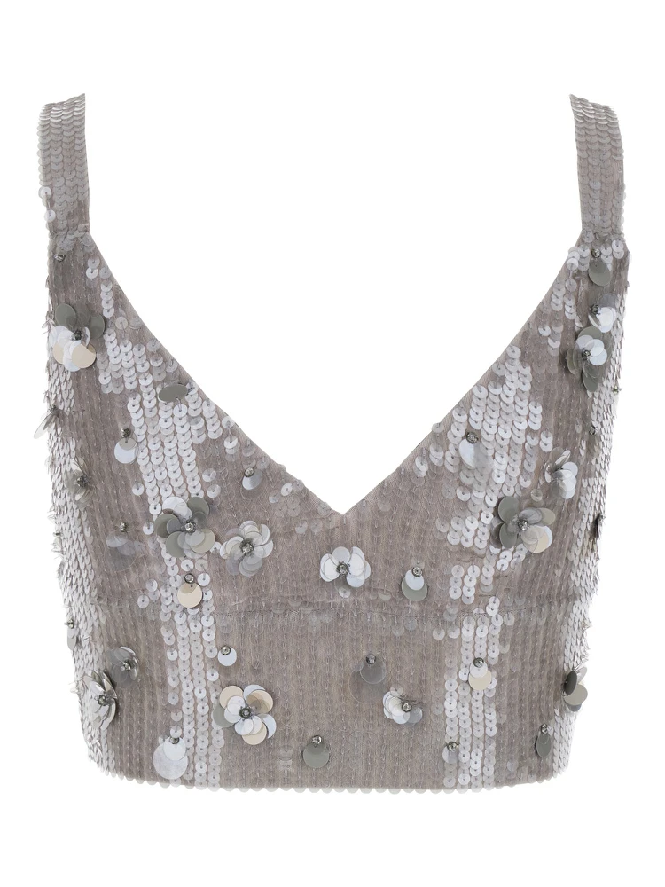 Grey Sleeveless Crop Top with Straps in Sequined Fabric Woman alternative