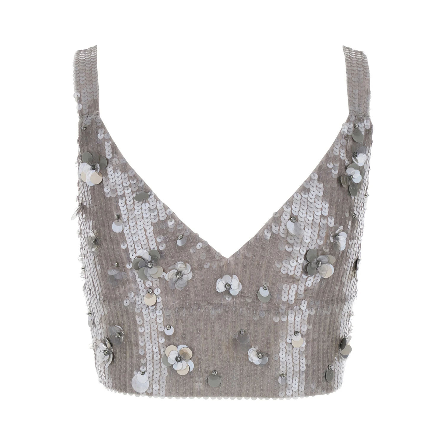 Grey Sleeveless Crop Top with Straps in Sequined Fabric Woman