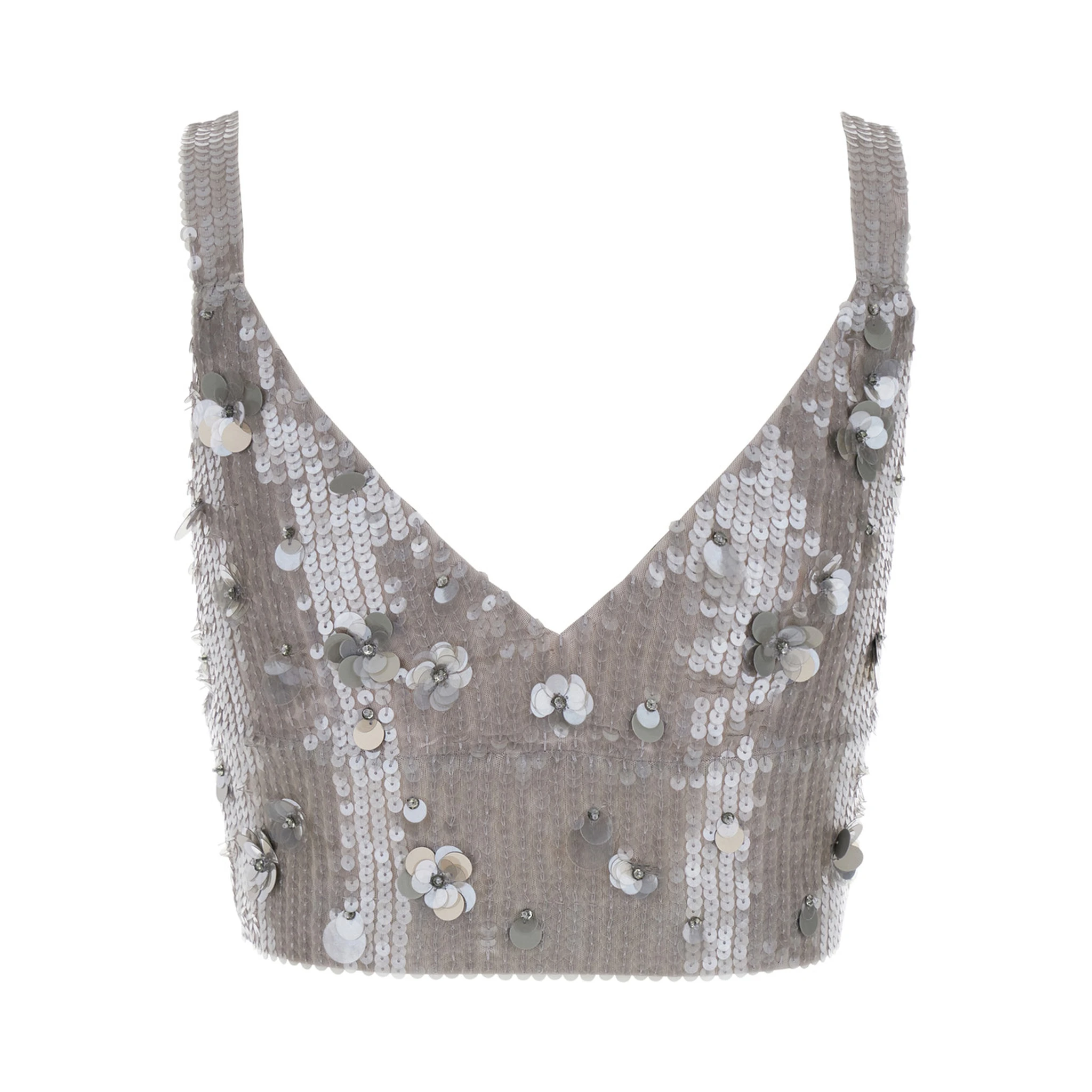 Grey Sleeveless Crop Top with Straps in Sequined Fabric Woman
