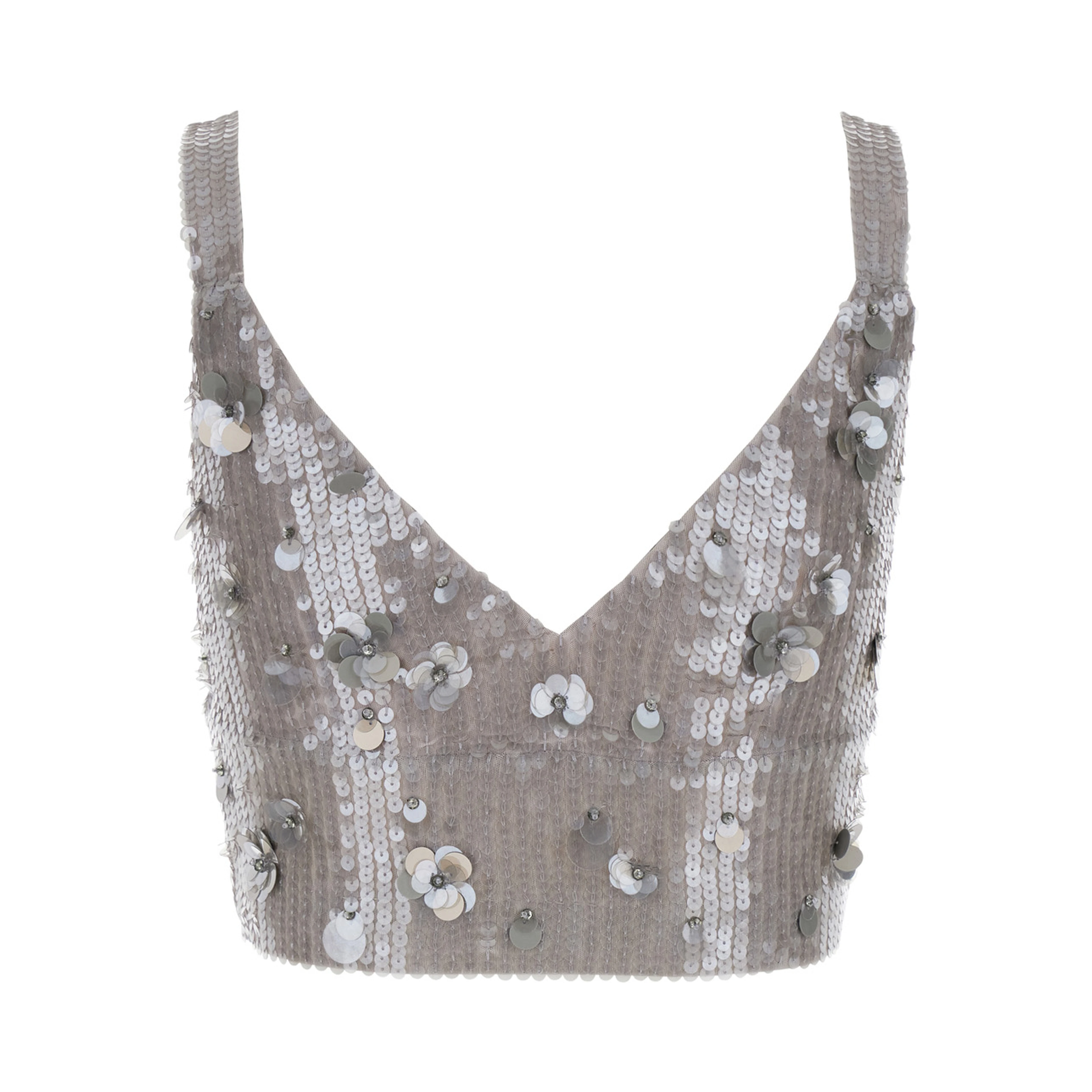Grey Sleeveless Crop Top with Straps in Sequined Fabric Woman