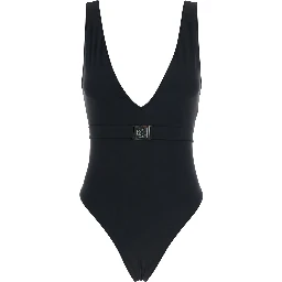Black One-piece Swimsuit with V-neck and Belt with Plate in Tech Fabric Woman