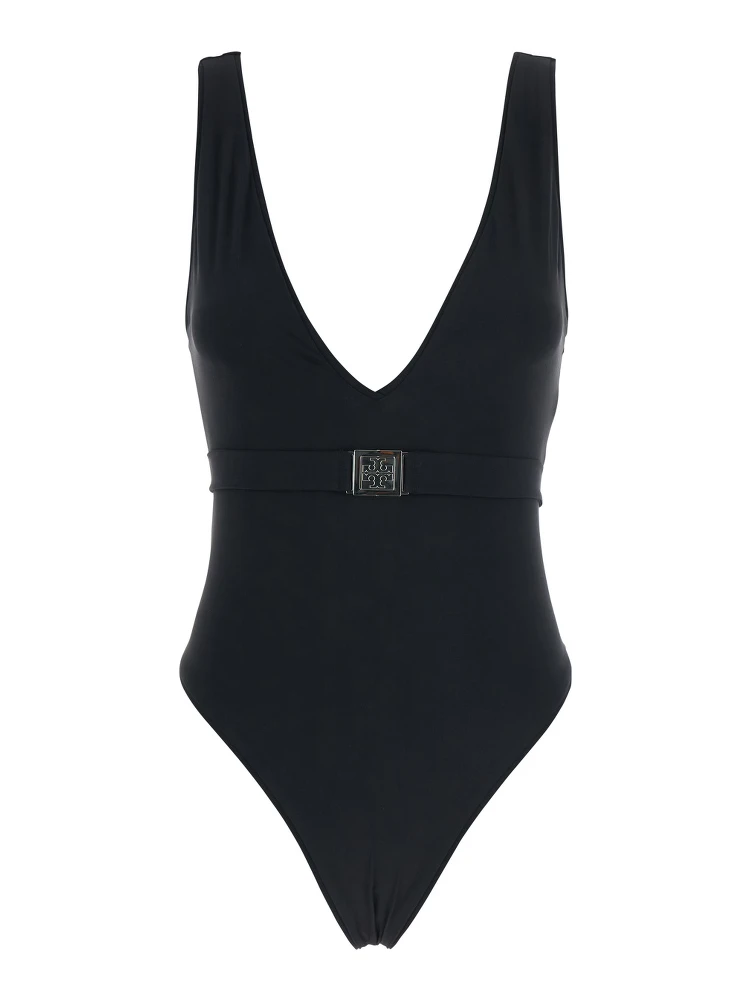 Black One-piece Swimsuit with V-neck and Belt with Plate in Tech Fabric Woman