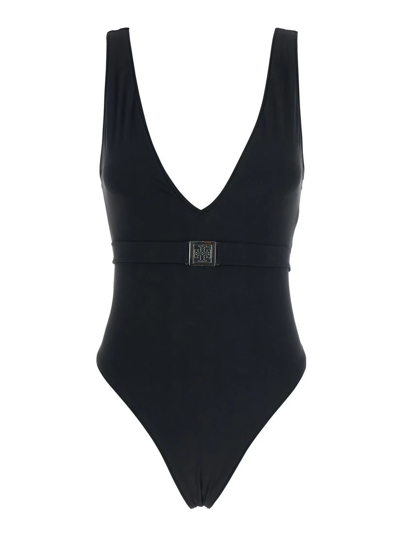 Black One-piece Swimsuit with V-neck and Belt with Plate in Tech Fabric Woman