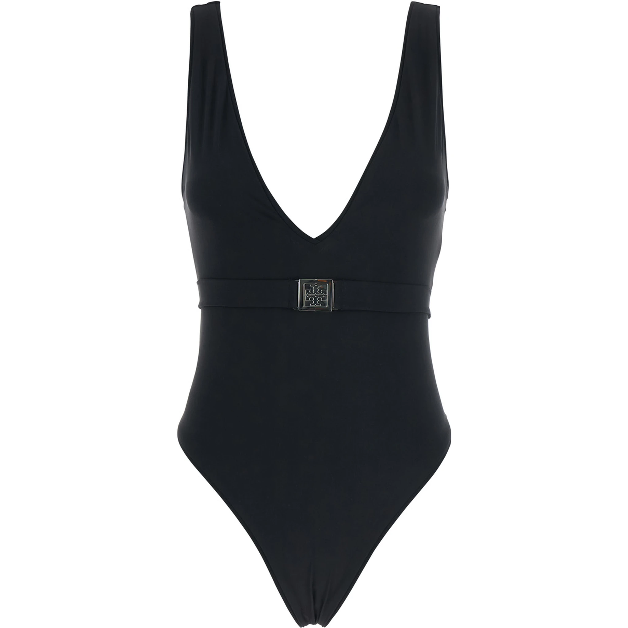 Black One-piece Swimsuit with V-neck and Belt with Plate in Tech Fabric Woman