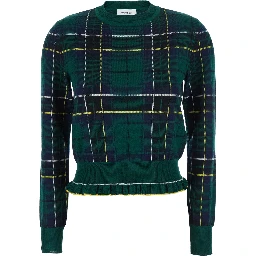 Green Crew Neck Sweater with Tartan Pattern and Fringed Hem in Wool Woman