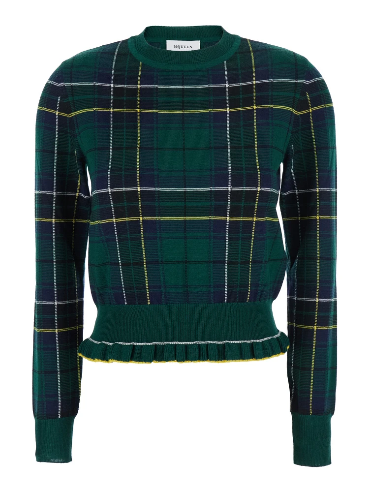 Green Crew Neck Sweater with Tartan Pattern and Fringed Hem in Wool Woman