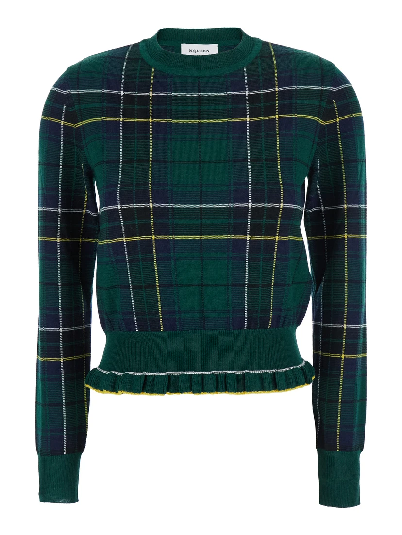Green Crew Neck Sweater with Tartan Pattern and Fringed Hem in Wool Woman