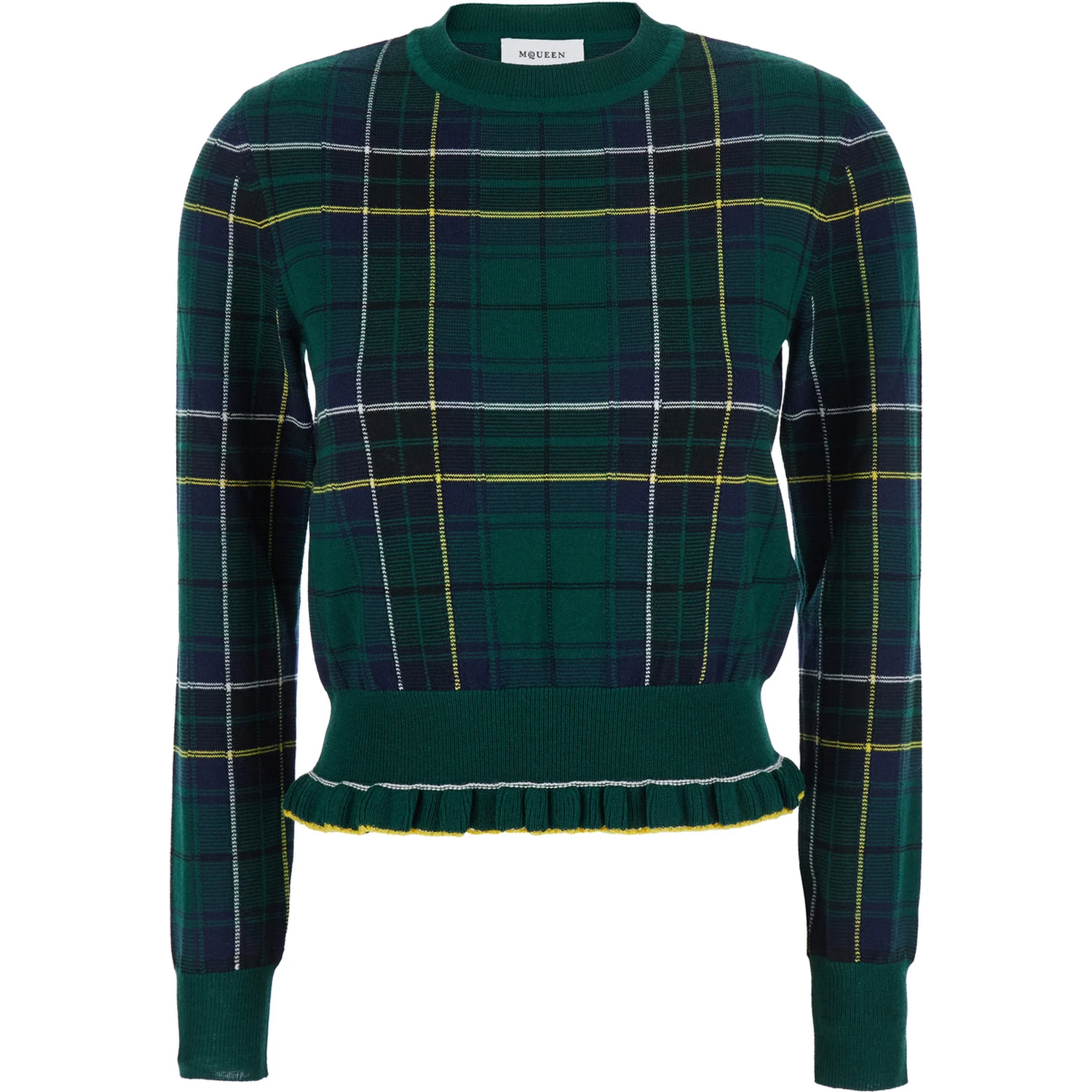 Green Crew Neck Sweater with Tartan Pattern and Fringed Hem in Wool Woman