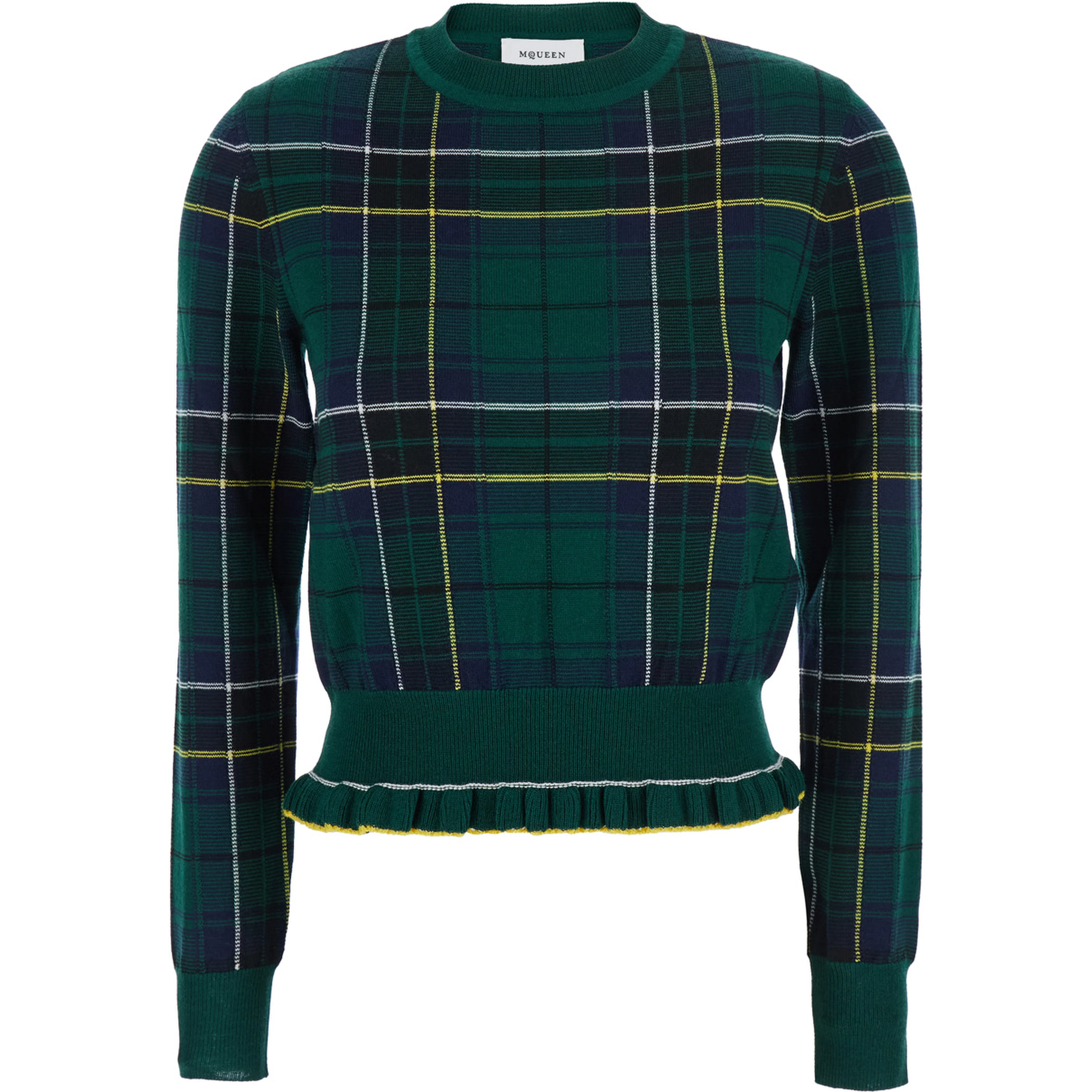 Green Crew Neck Sweater with Tartan Pattern and Fringed Hem in Wool Woman