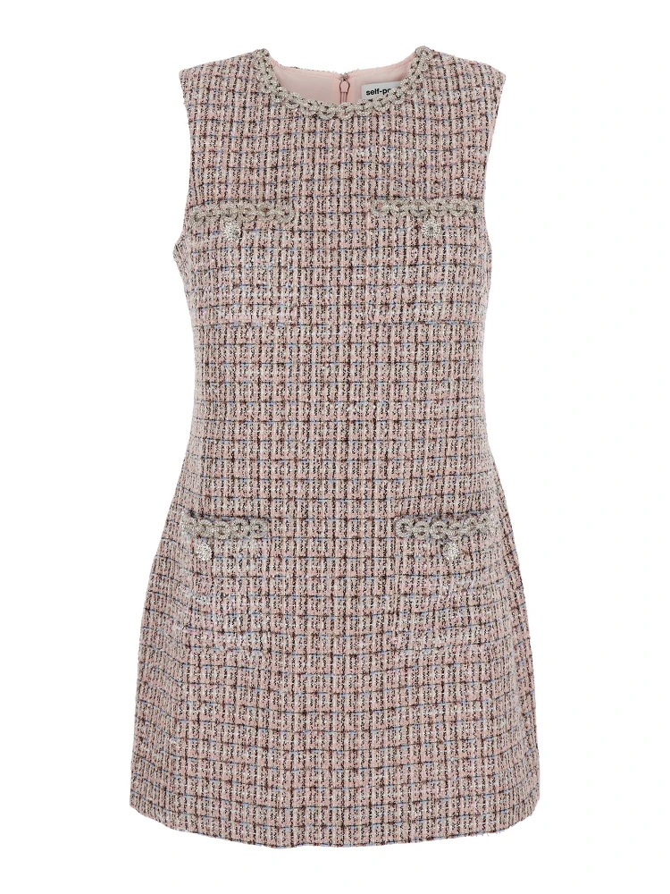 Pink Crewneck Sleeveless Mini Dress with Crystal Embellishments in Tech Fabric Woman
