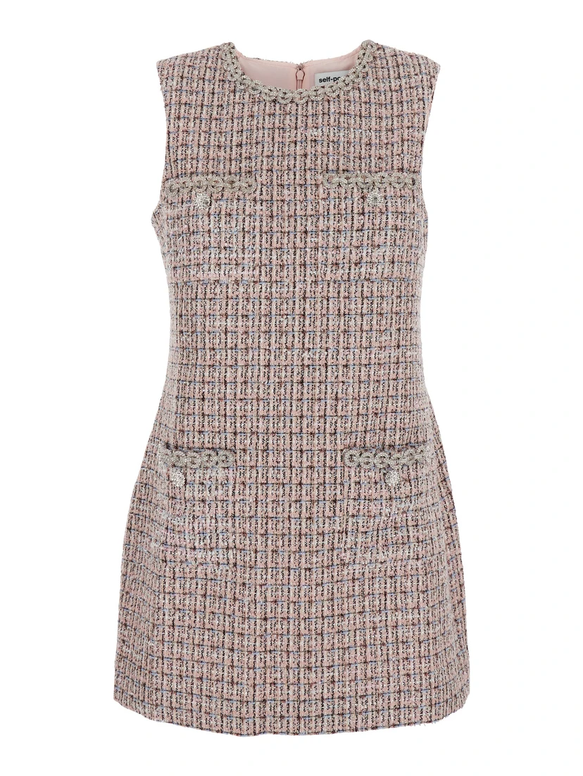 Pink Crewneck Sleeveless Mini Dress with Crystal Embellishments in Tech Fabric Woman