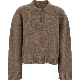 Brown Polo Shirt Style Sweater with Classic Collar and Ribbed Trims in Cashmere Woman