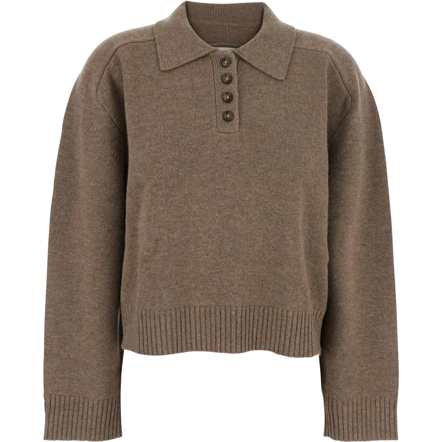 Brown Polo Shirt Style Sweater with Classic Collar and Ribbed Trims in Cashmere Woman