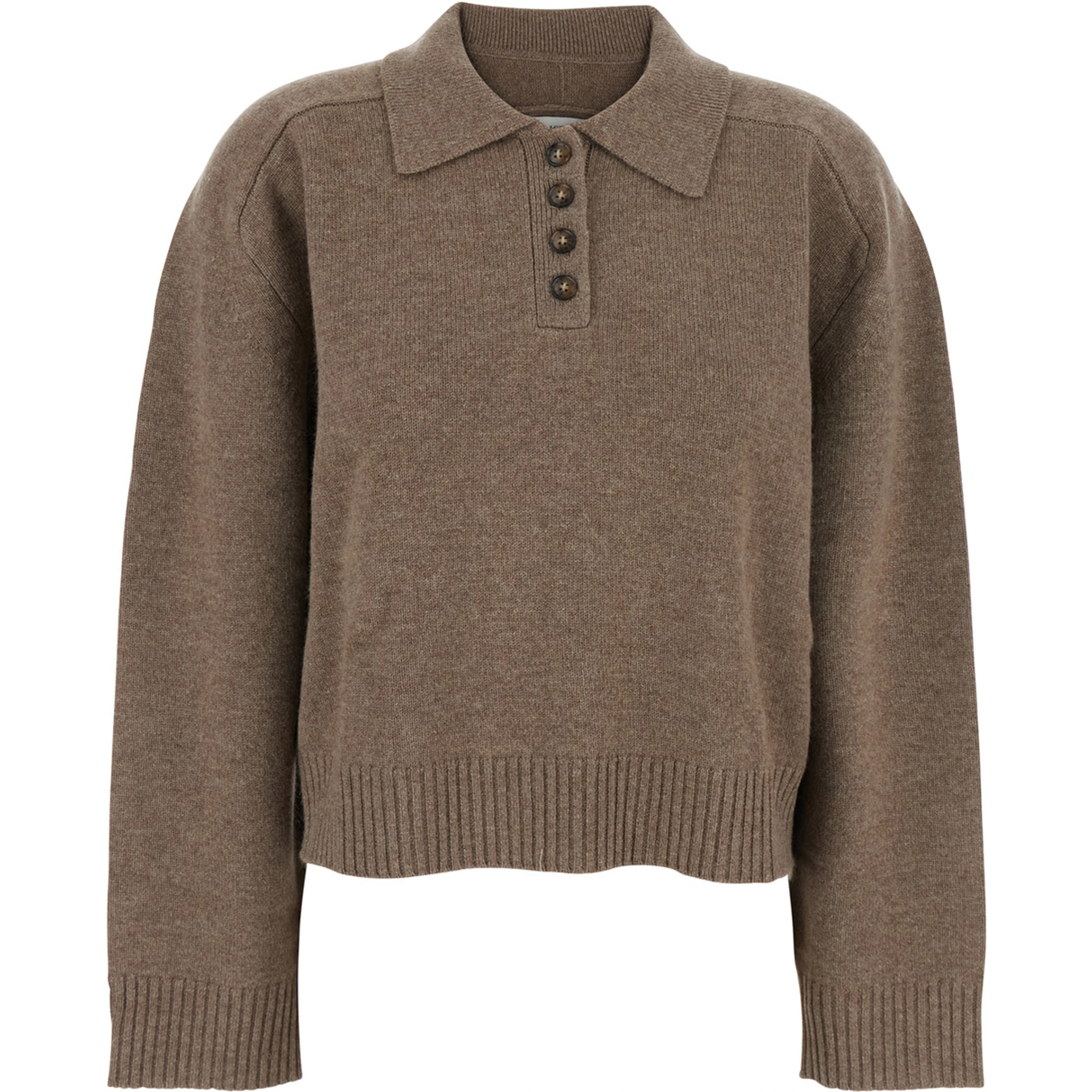 Brown Polo Shirt Style Sweater with Classic Collar and Ribbed Trims in Cashmere Woman