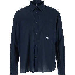 Blue Shirt with Classic Collar and Logo Lettering on the Front in Cotton Man