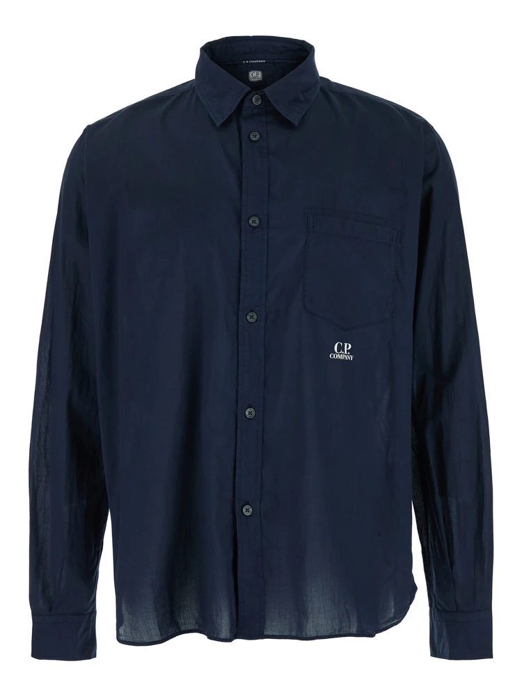 Blue Shirt with Classic Collar and Logo Lettering on the Front in Cotton Man