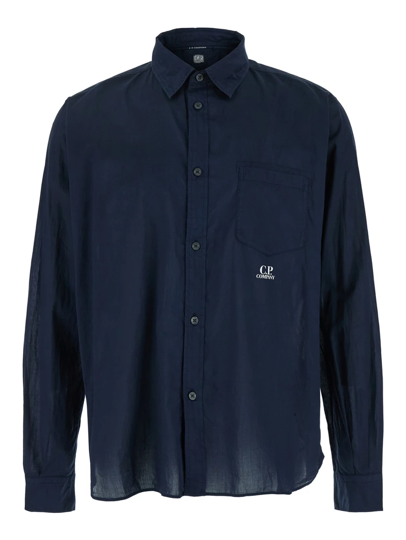 Blue Shirt with Classic Collar and Logo Lettering on the Front in Cotton Man