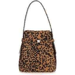 Brown Shoulder Bag with Fixed Shoulder Strap and All-Over Leopard Motif in Leather Woman