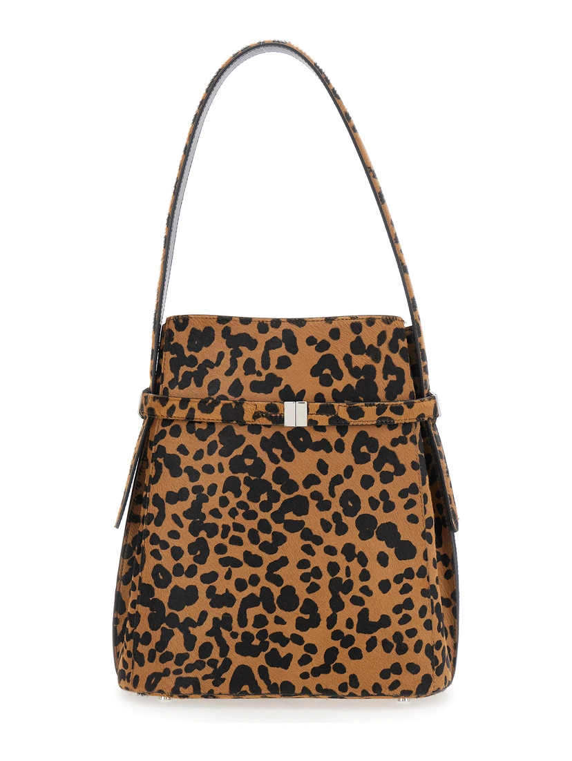 Brown Shoulder Bag with Fixed Shoulder Strap and All-Over Leopard Motif in Leather Woman