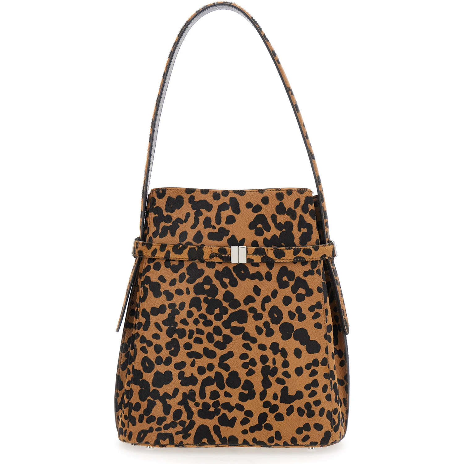 Brown Shoulder Bag with Fixed Shoulder Strap and All-Over Leopard Motif in Leather Woman