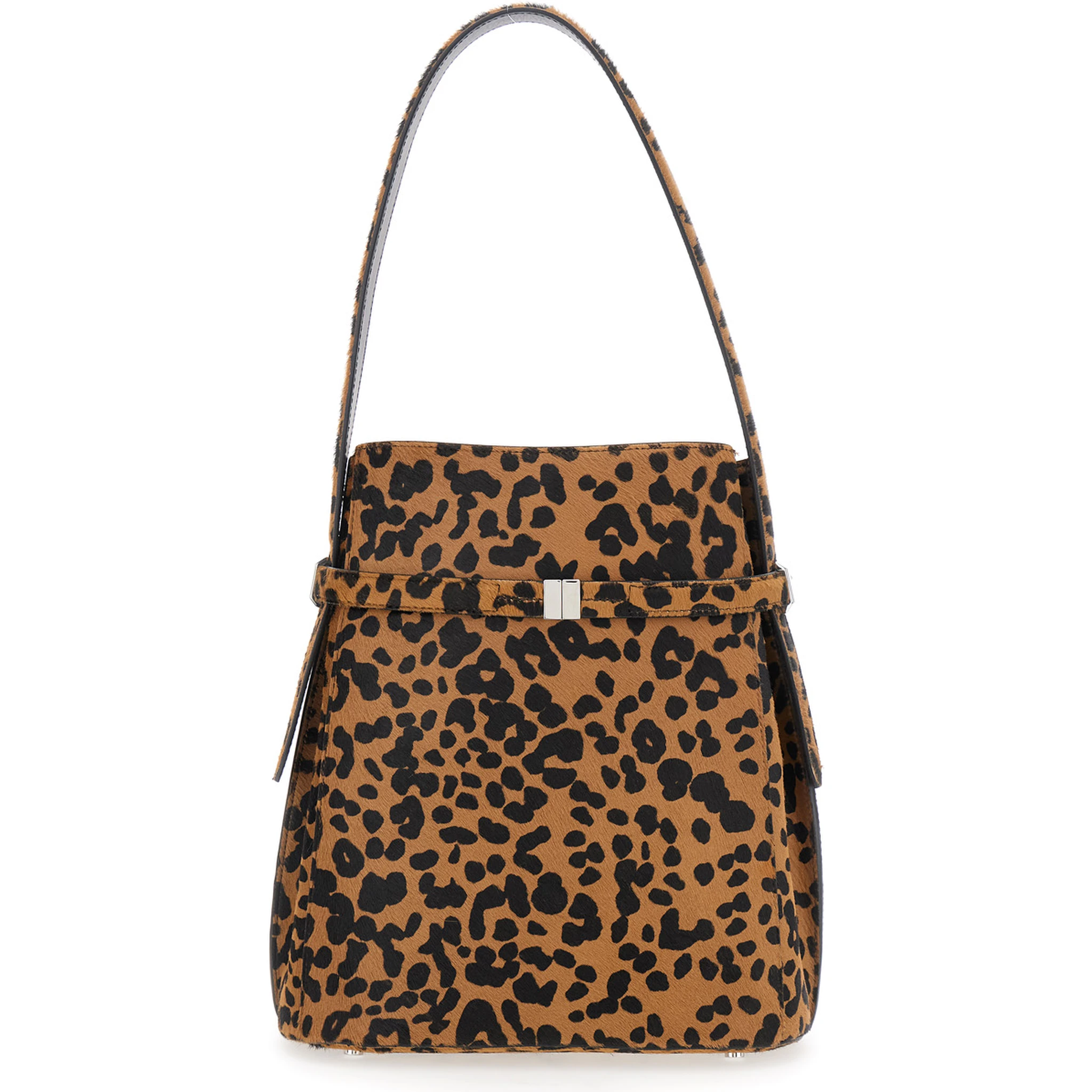 Brown Shoulder Bag with Fixed Shoulder Strap and All-Over Leopard Motif in Leather Woman