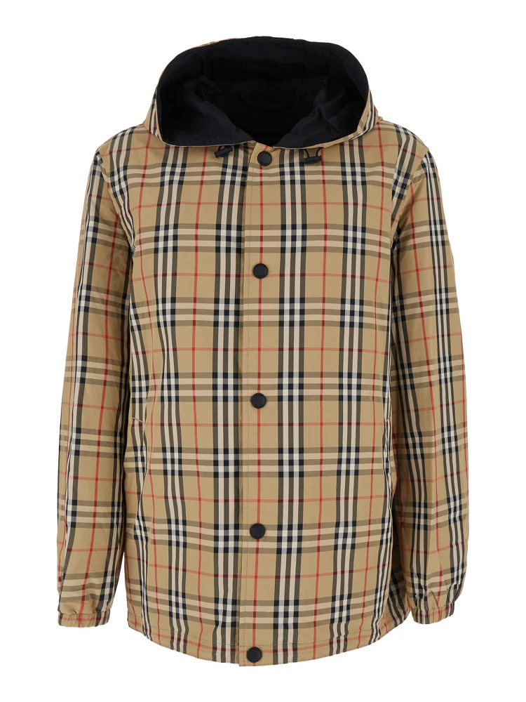 Beige Reversible Jacket with Drawstring Hood and All-Over Check Motif in Tech Fabric Man